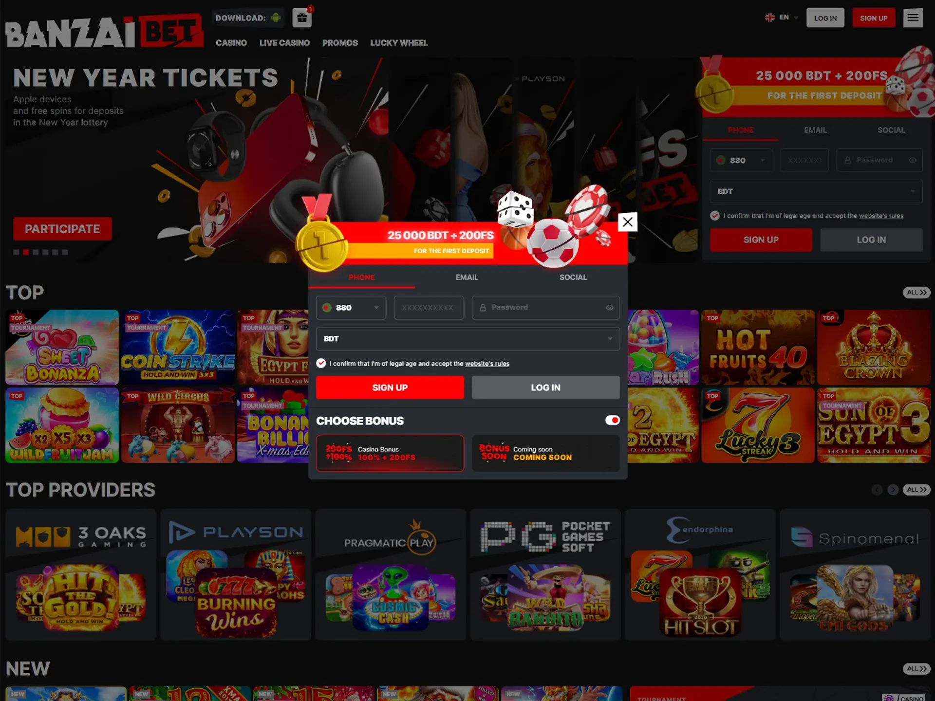 Start your registration on the Banzai Bet Casino website.