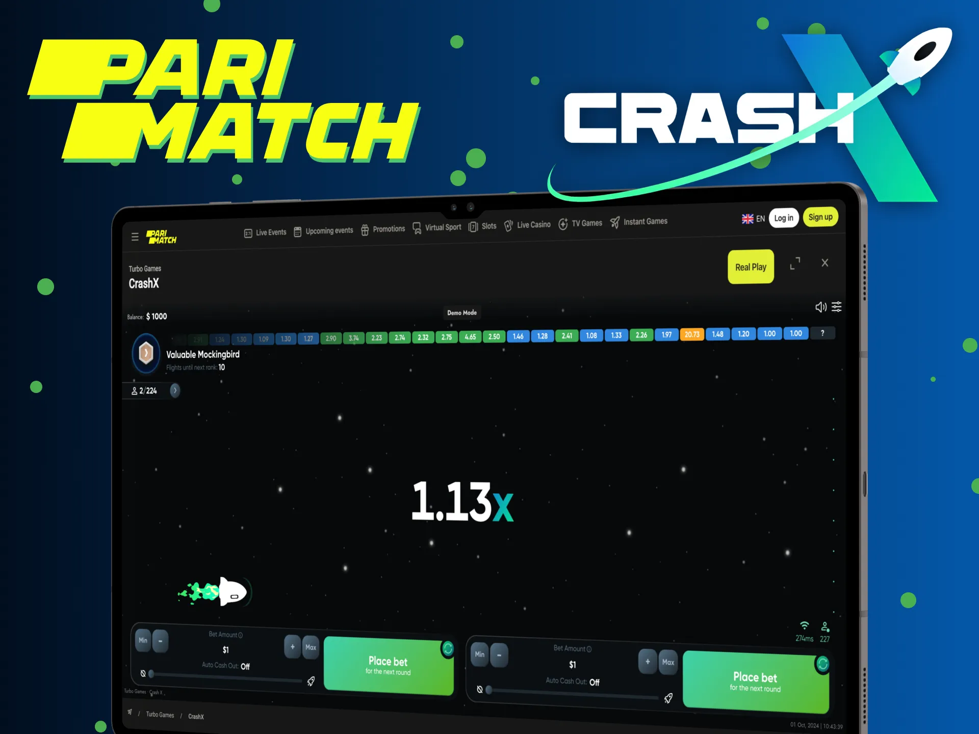 Start your gaming journey on Parimatch with CrashX game.