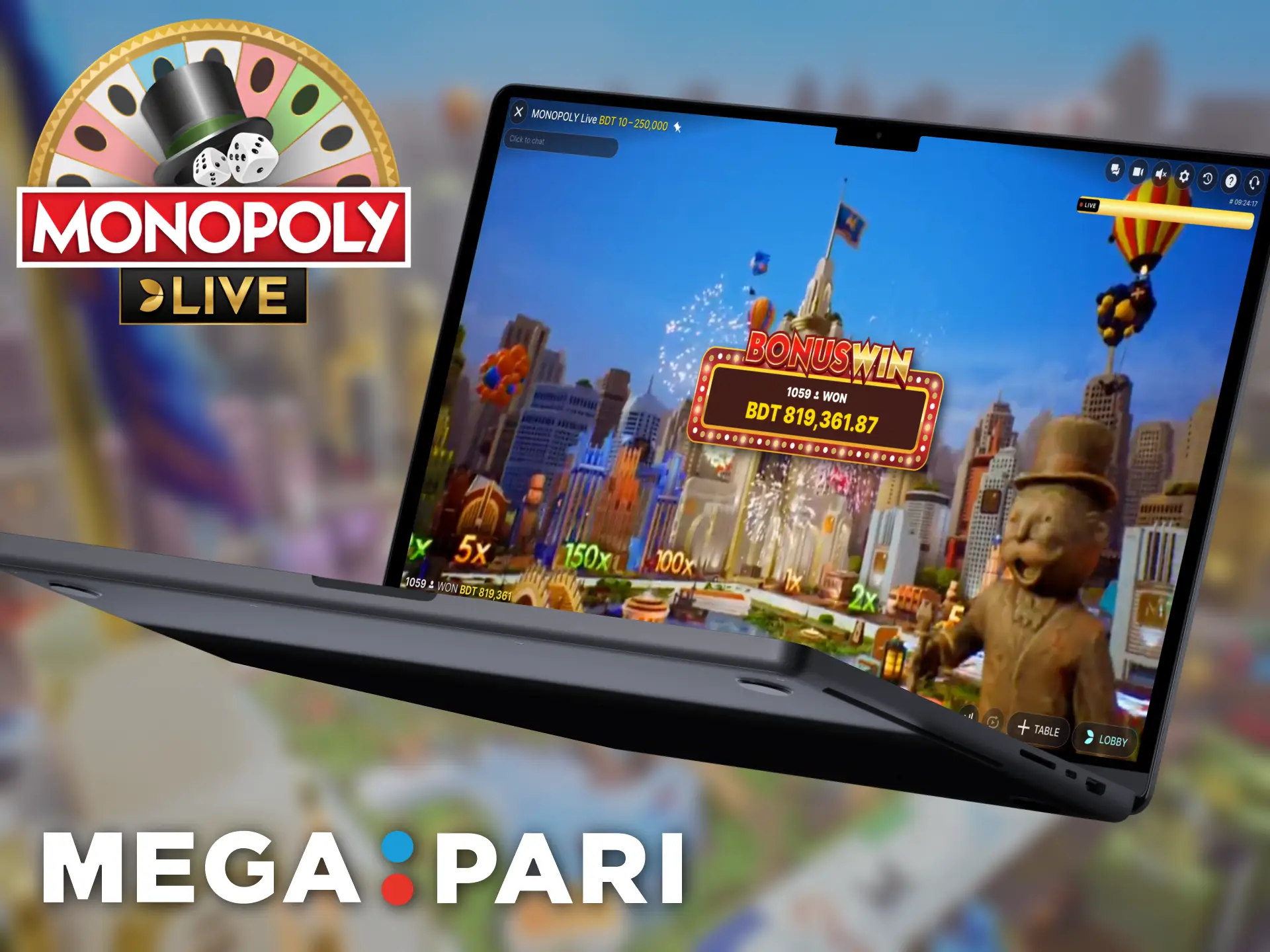 Go to the Megapari platform and open Monopoly Live.